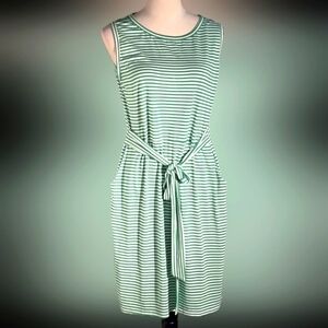 Merokeety Front Tie Shirt Dress Green & White Stripes Coastal Resort Women L